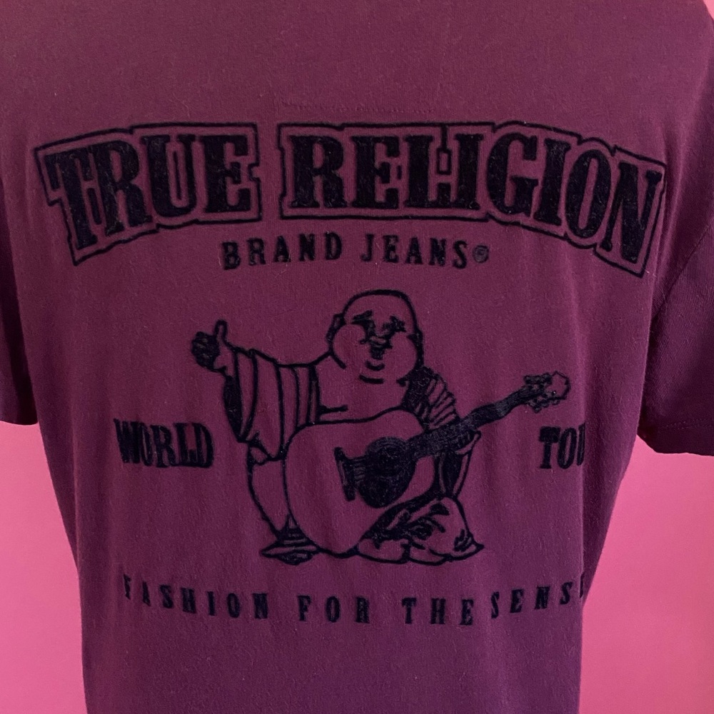 🌈4/$20🌈 Y2K True Religion Buddha Logo Flocked Crew Neck T-Shirt Cotton/Modal S